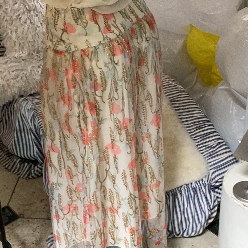 Cream & tangerine Pleated Midi A-Line Skirt with gold detail. Tulle over cream